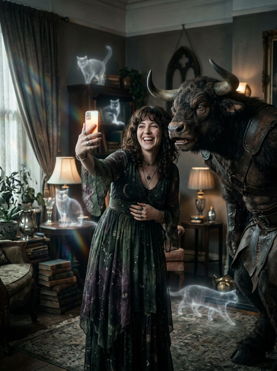 Crazy girlfriend witchy woman taking a selfie with a minotaur. Haunted living room with transparent ghost cats everywhere.