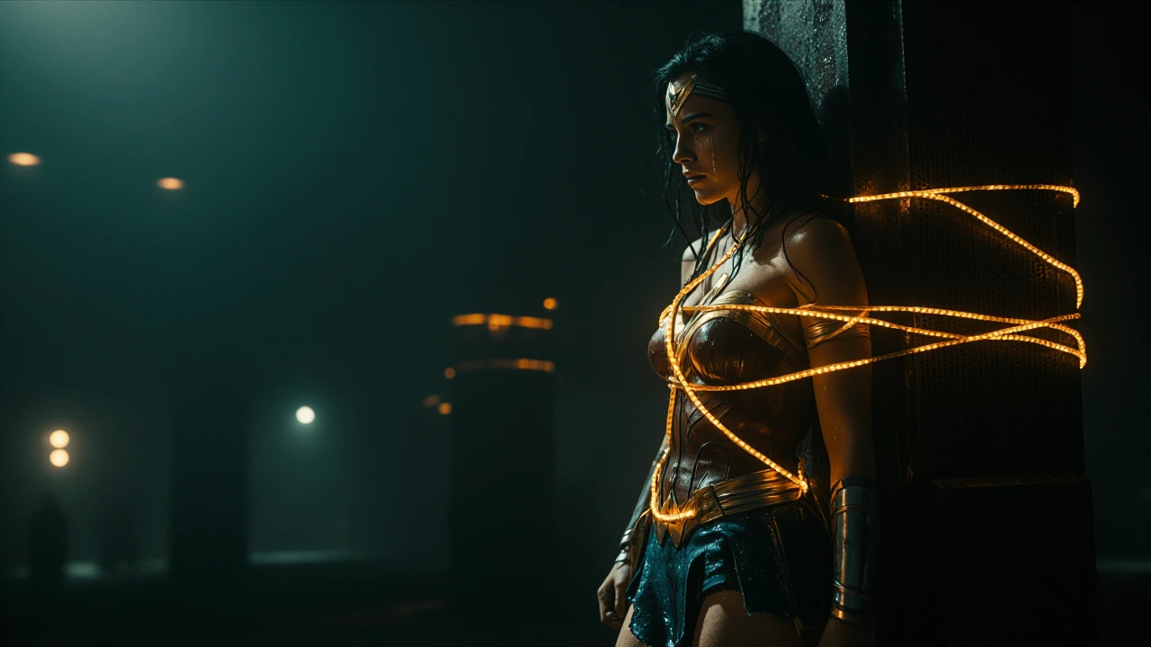 A Wonder Woman-inspired heroine tied up with glowing golden lassos against a metal pillar in a villain's lair. Her armor is dented and scratched. She is struggling, sweat dripping down her face. Dramatic side lighting, high contrast, cinematic color 