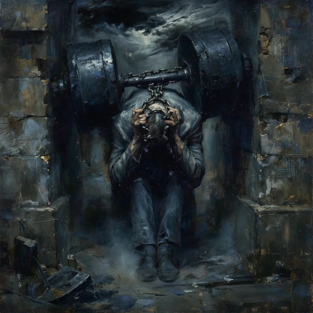 A solitary figure hunched beneath a heavy weight, shoulders tensed and bowed, cast in deep shadows and muted earth tones, dimly lit studio lighting creating stark contrast, melancholic and introspective mood, dark storm clouds swirling overhead in ch