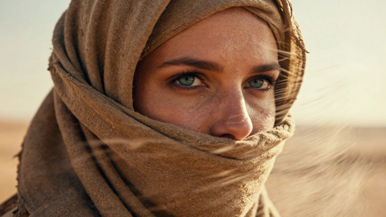 zidiusArt An extreme cinematic close-up of a woman's face, focusing intensely on their piercing, deep-blue eyes. The face is almost entirely wrapped i