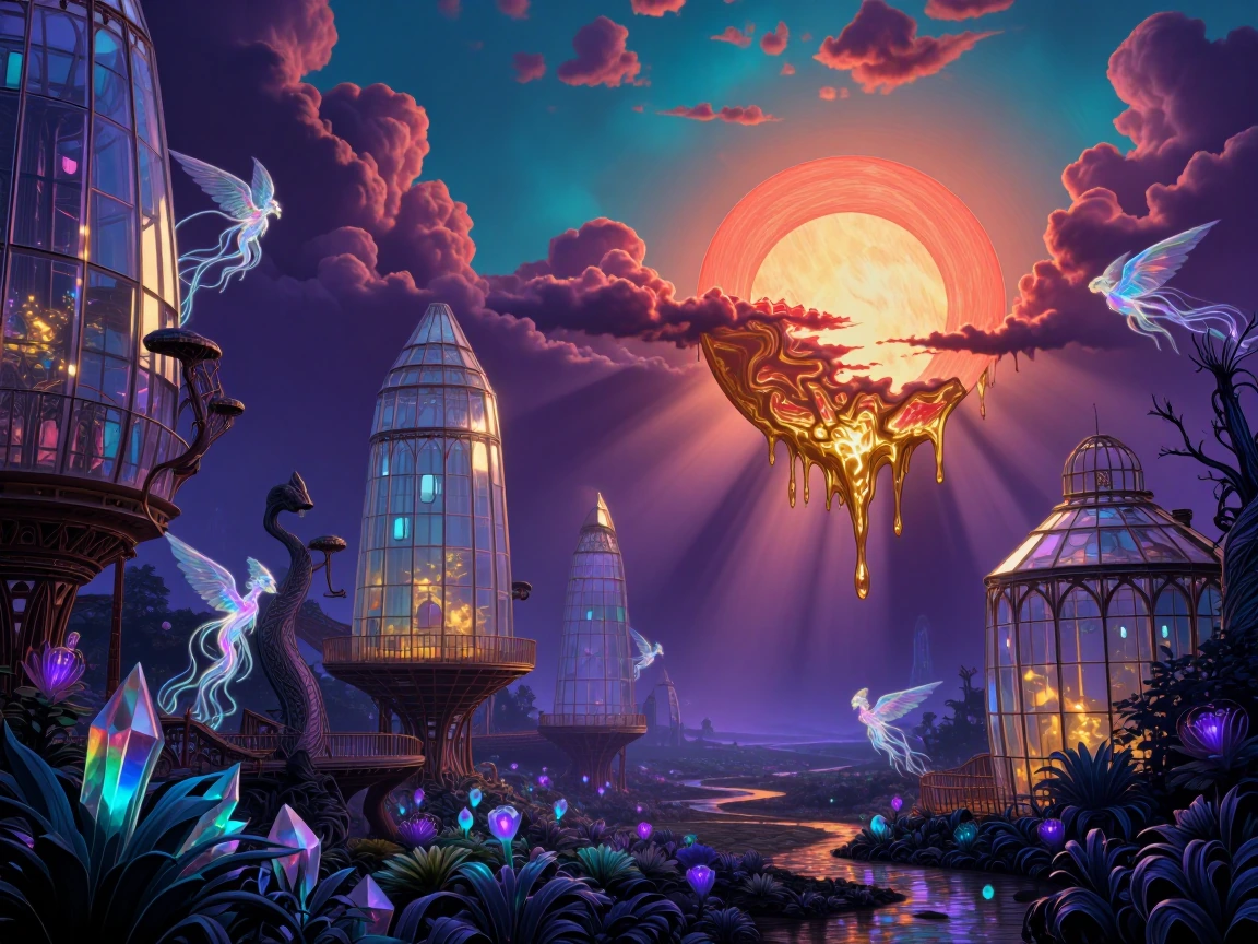 Ethereal fantasy landscape at twilight, surreal realm with bioluminescent flora, glass architecture with crystalline structures reflecting prismatic light, whimsical multi-story dwellings crafted entirely from translucent glass panes and frosted pane