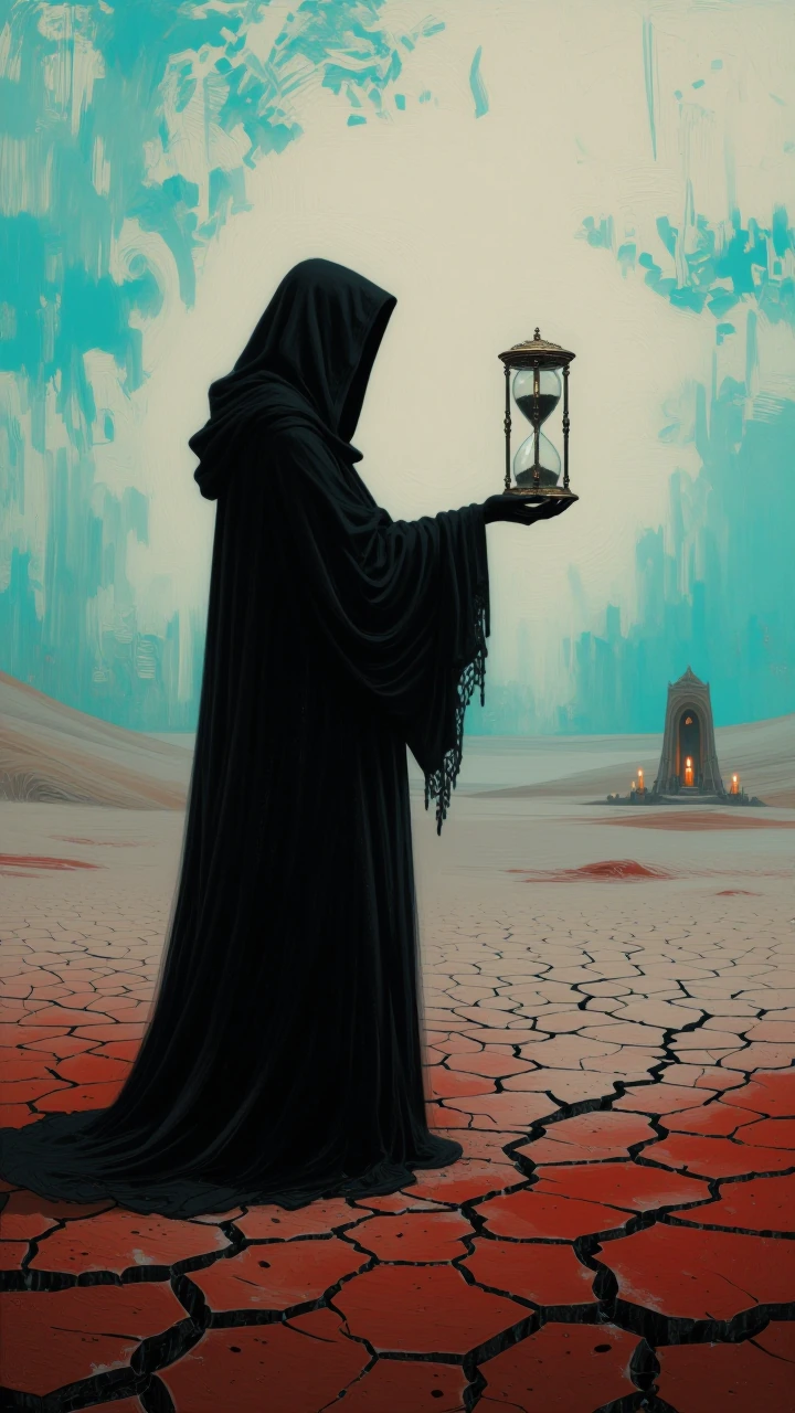 moody painterly dark fantasy landscape of hooded Death holding an ornate hourglass in his hand watching the sand fall. The figure’s black robe trails across the cracked earth, and faint candlelight from the shrine flickers against the cold open lands