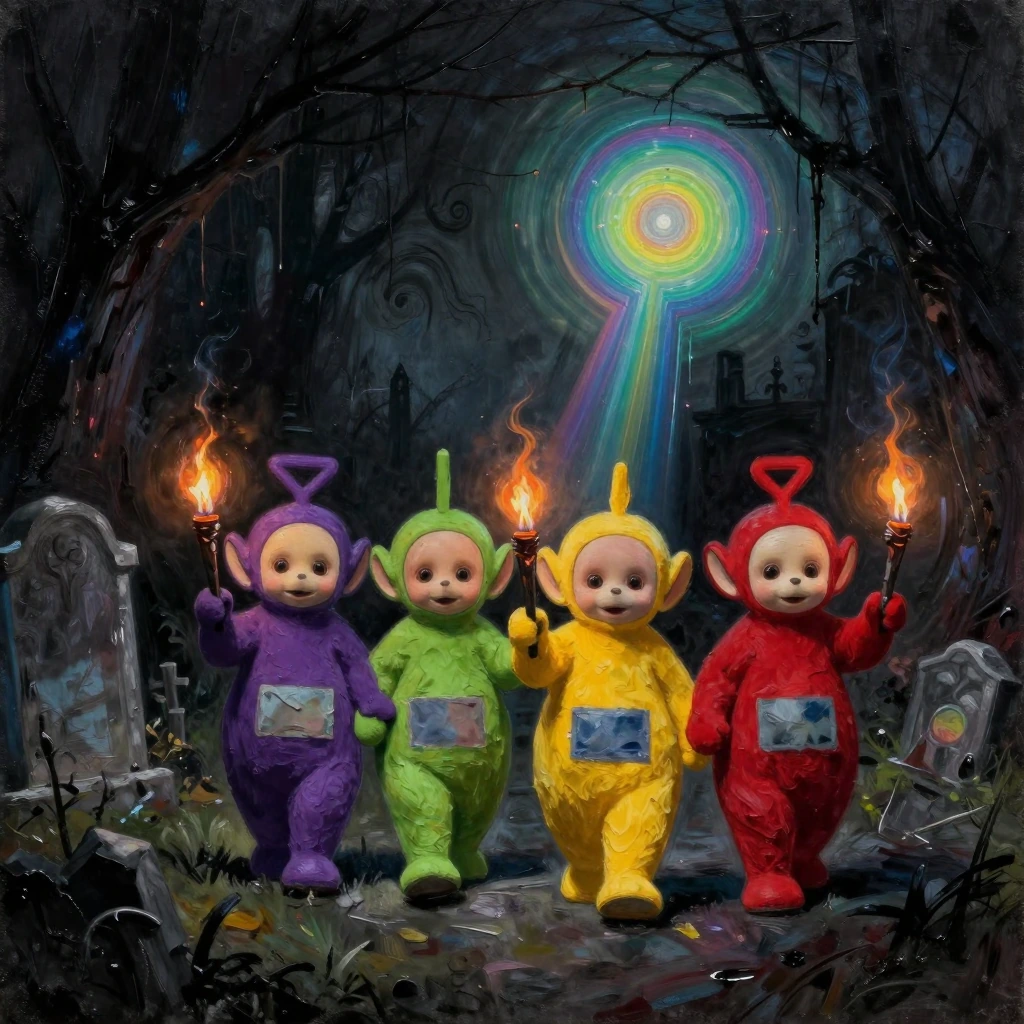 Art cleanses our souls of the dust of everyday life... and it is from this idea that we create a striking, expressive and sombre image, in the spirit of #Fellini. Create a masterpiece featuring the 4 #Teletubbies (Tinky Winky (violet, ),Dipsy (vert )