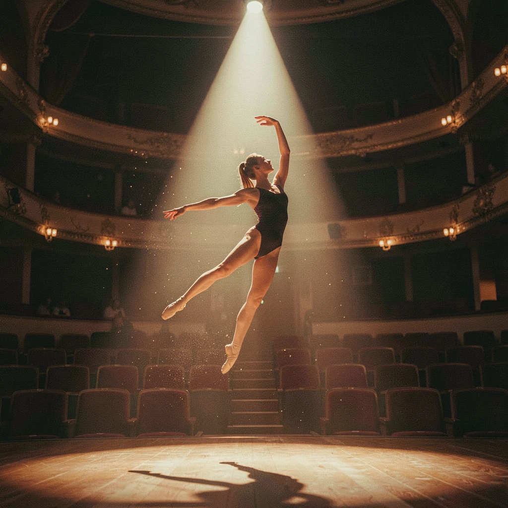 A solitary dancer captured mid-leap in a darkened theater, suspended in the impossible moment between gravity and flight, body frozen in perfect extension with arms reaching upward, illuminated by a single dramatic spotlight cutting through the darkn