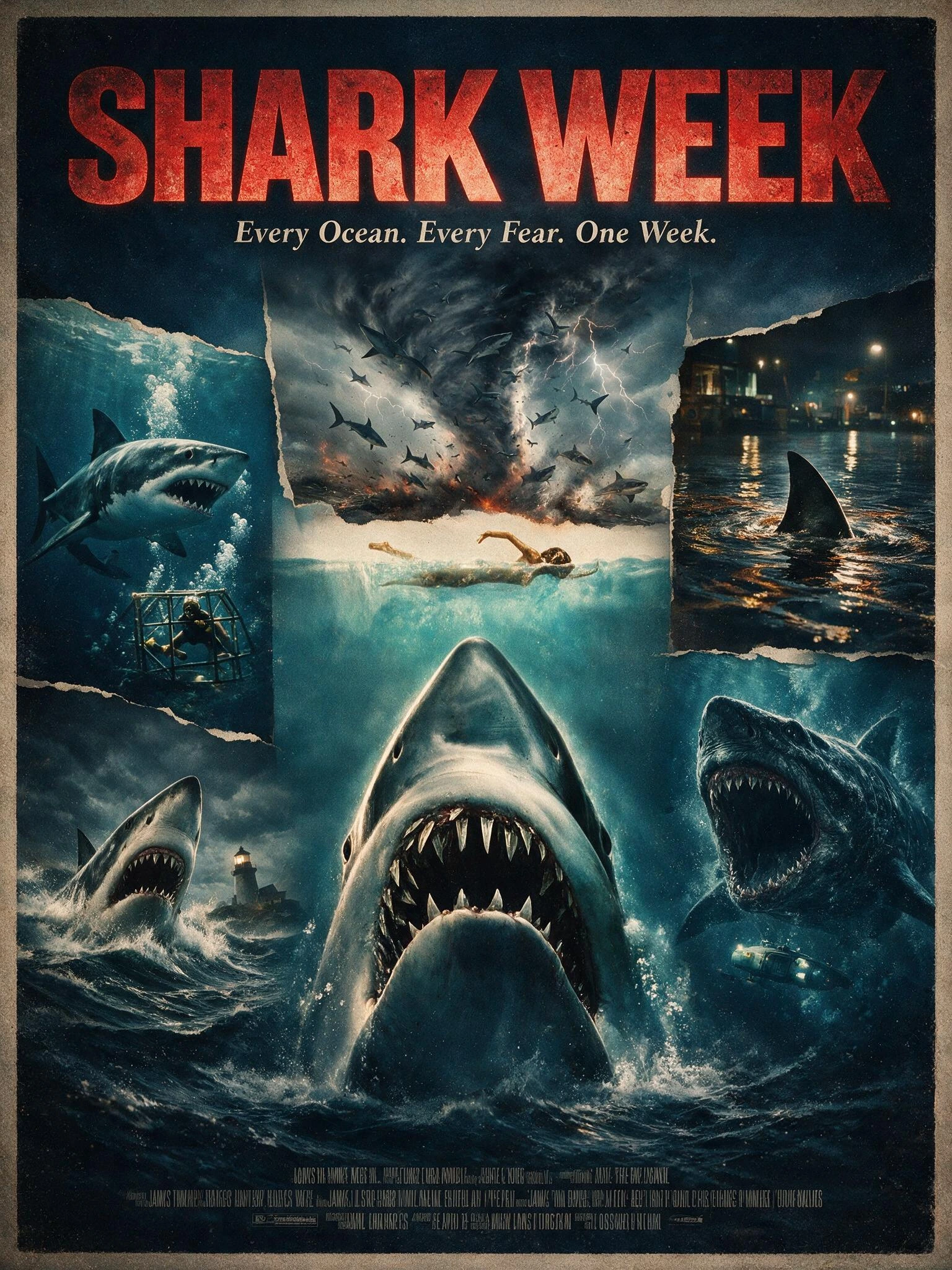 Compose a dramatic movie poster montage titled "Shark Week" blending iconic imagery from six shark films into one cohesive vertical poster design. Feature a massive great white shark lunging upward from dark churning ocean depths at center, its jaws 