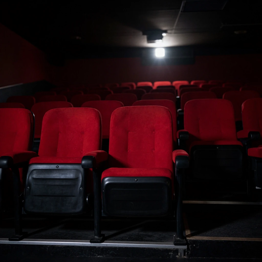 empty movie theater, single red seat lit