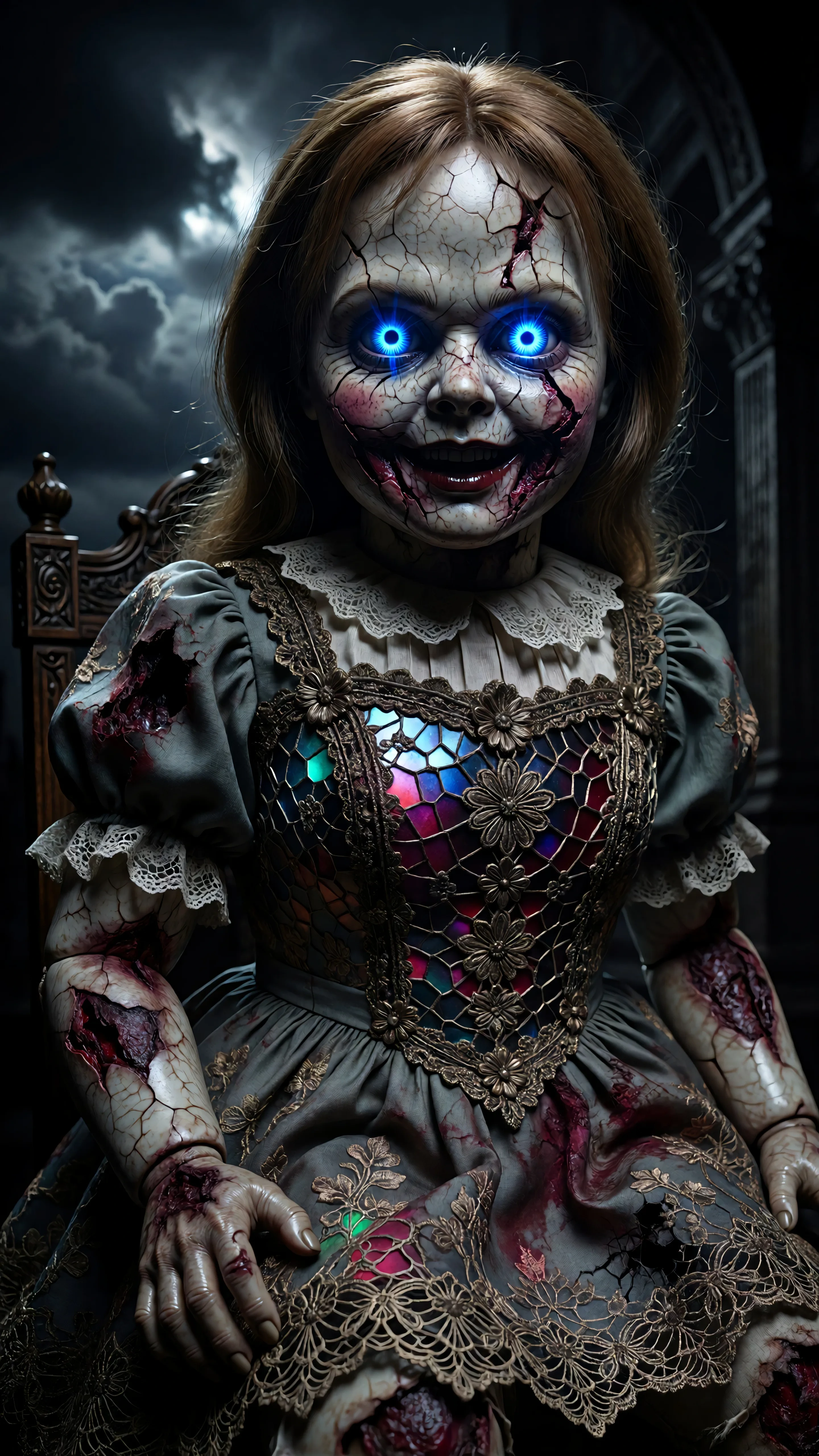 "Create a full-body interactive 3D model of Annabelle the Doll with intricate porcelain designs that emphasize her menacing, cracked, and shattered ap