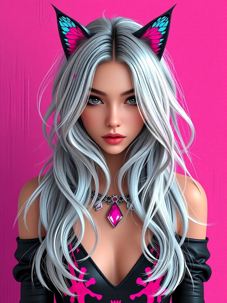 Woman, platinum, black ombre hair with a cat standing by a big pink mech