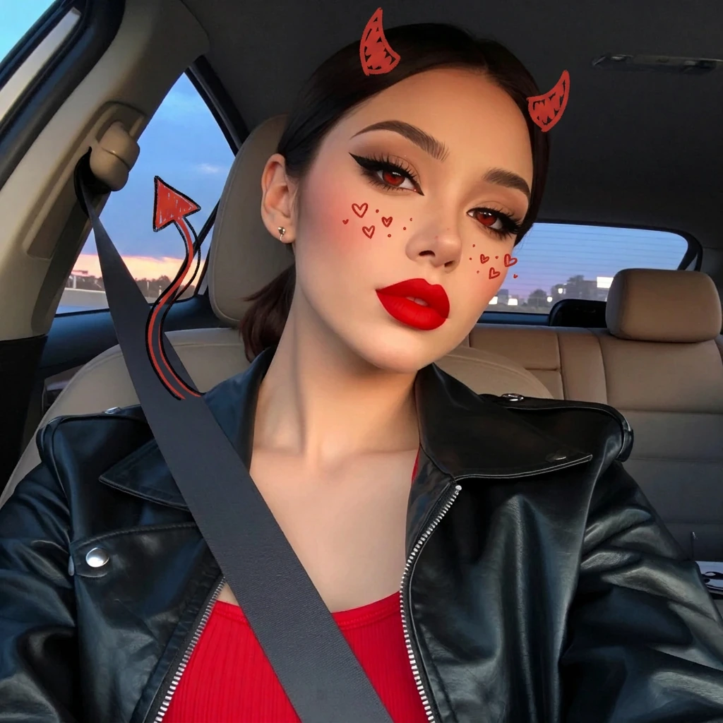add hand drawn devil horns and a devil tail on her and then add little red hearts on her cheek make it cute