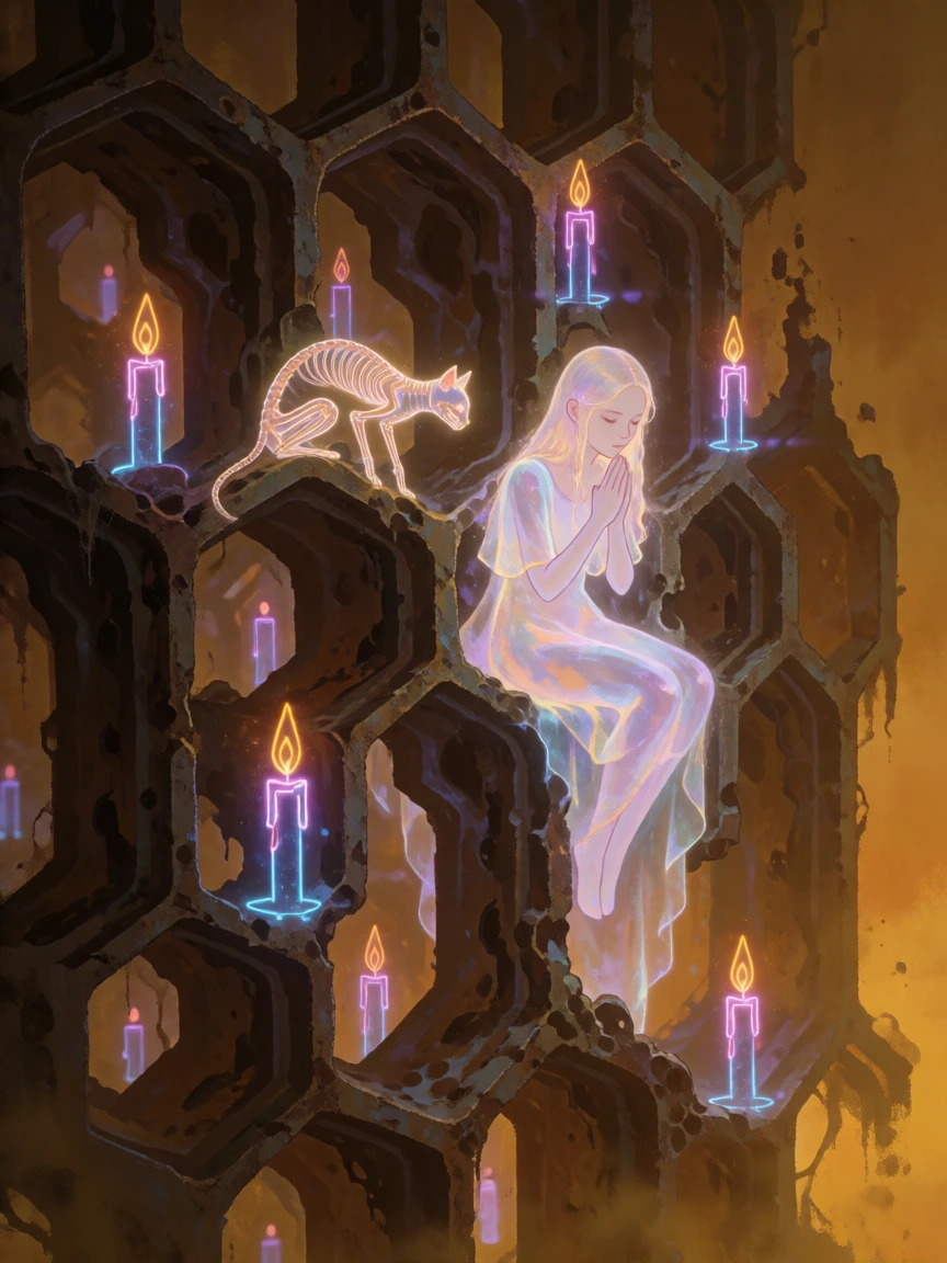Bioluminescent cathedral of hexagonal honeycomb architecture, towering through acid rain and toxic amber fog. Woman with translucent, melting pastel skin dissolves into the structure's wax walls. Her cat—skeletal, glowing from within—perches on a cru