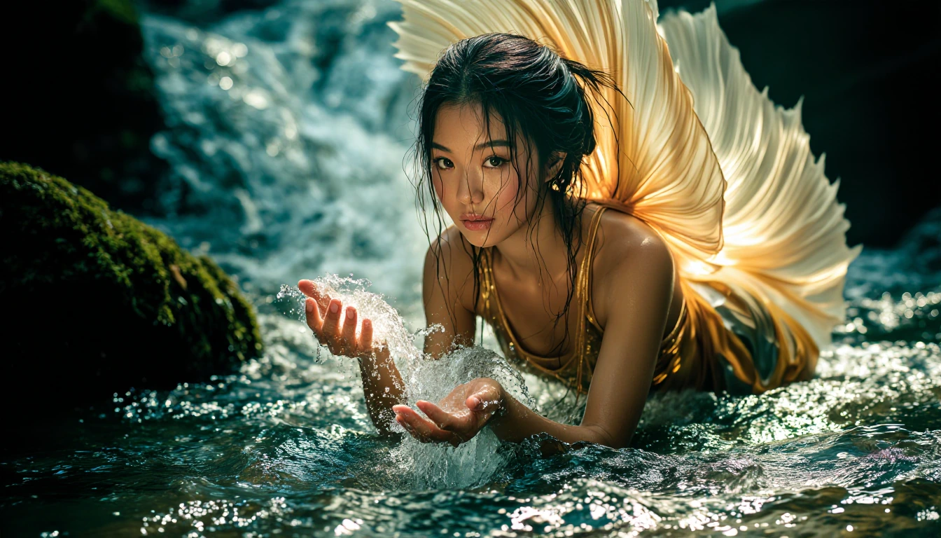 A breathtakingly beautiful cinematic portrait of an ethereal river nymph levitating above an idyllic babbling brook. She has a serene, benevolent expression, embodying balance and creation. Her hands channel the water in the air around her. Feminine,