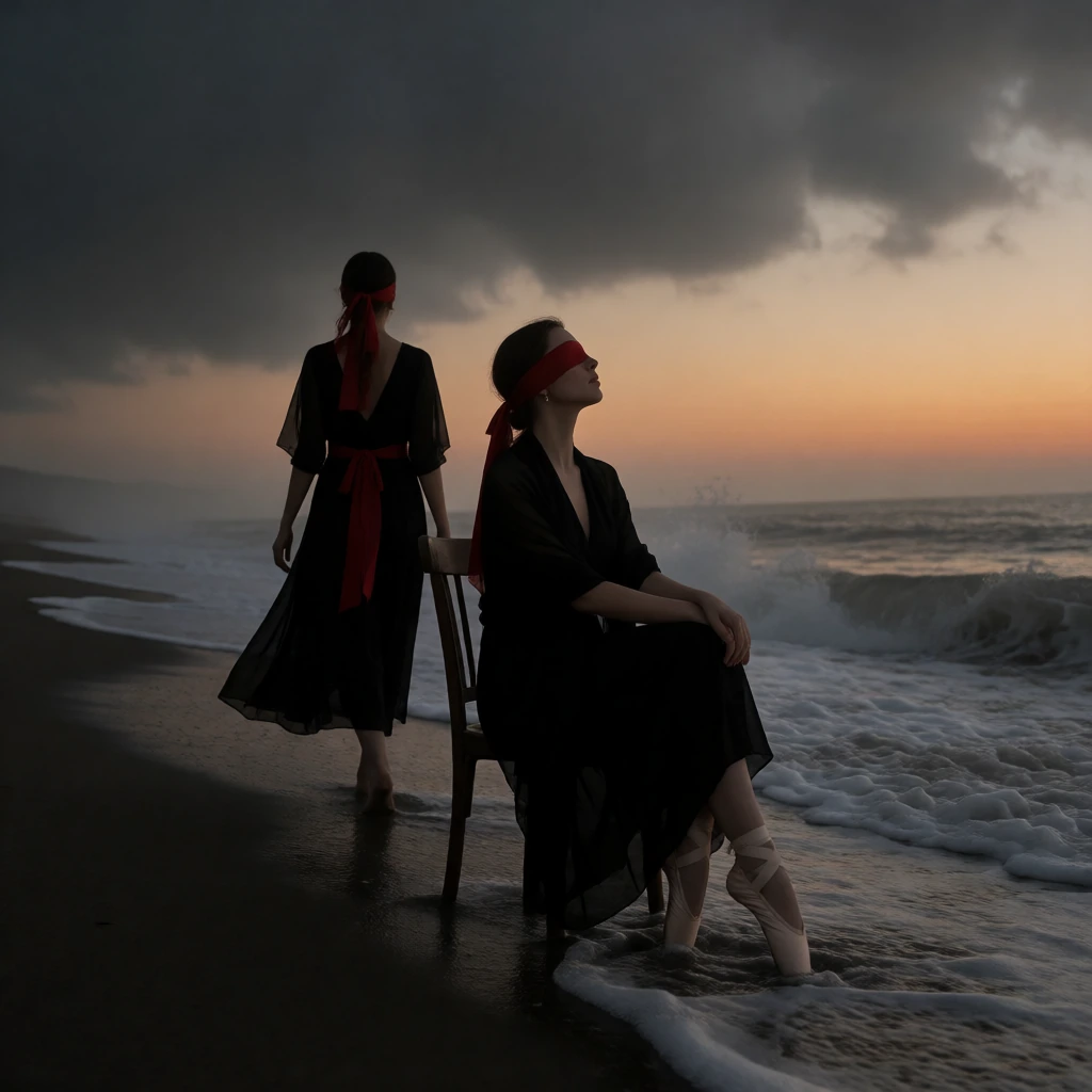 A dramatic cinematic photograph of two women in flowing dresses with red sashes, standing on a dark wet beach at twilight under a stormy sky; the woman in the foreground sits gracefully on a simple wooden chair near the edge of the ocean, blindfolded