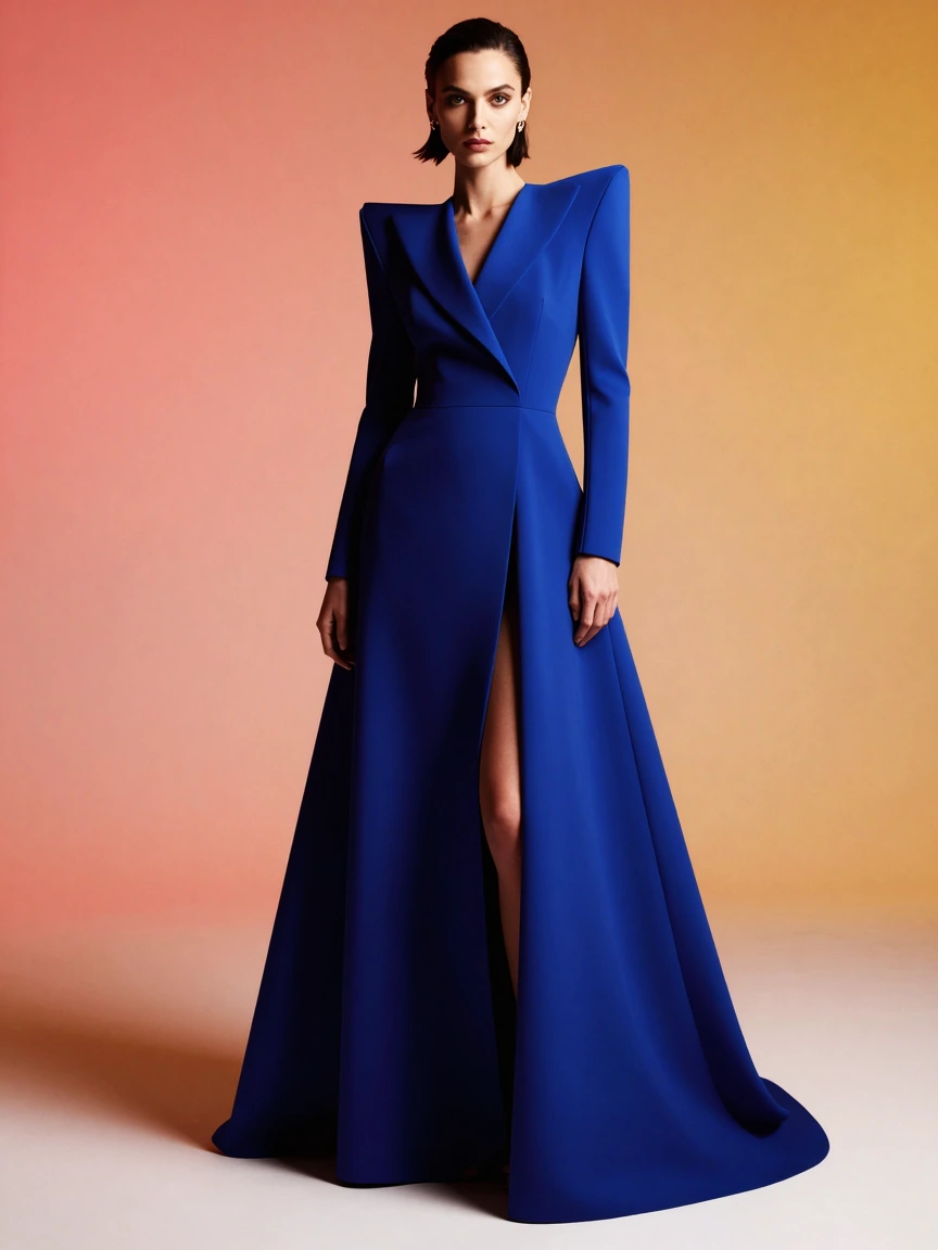 High fashion editorial portrait of a woman in an electric cobalt-blue structured gown, split-complementary palette of cobalt blue against warm coral and golden-orange accent lighting, sleek high-contrast studio set, sharp couture styling, magazine co
