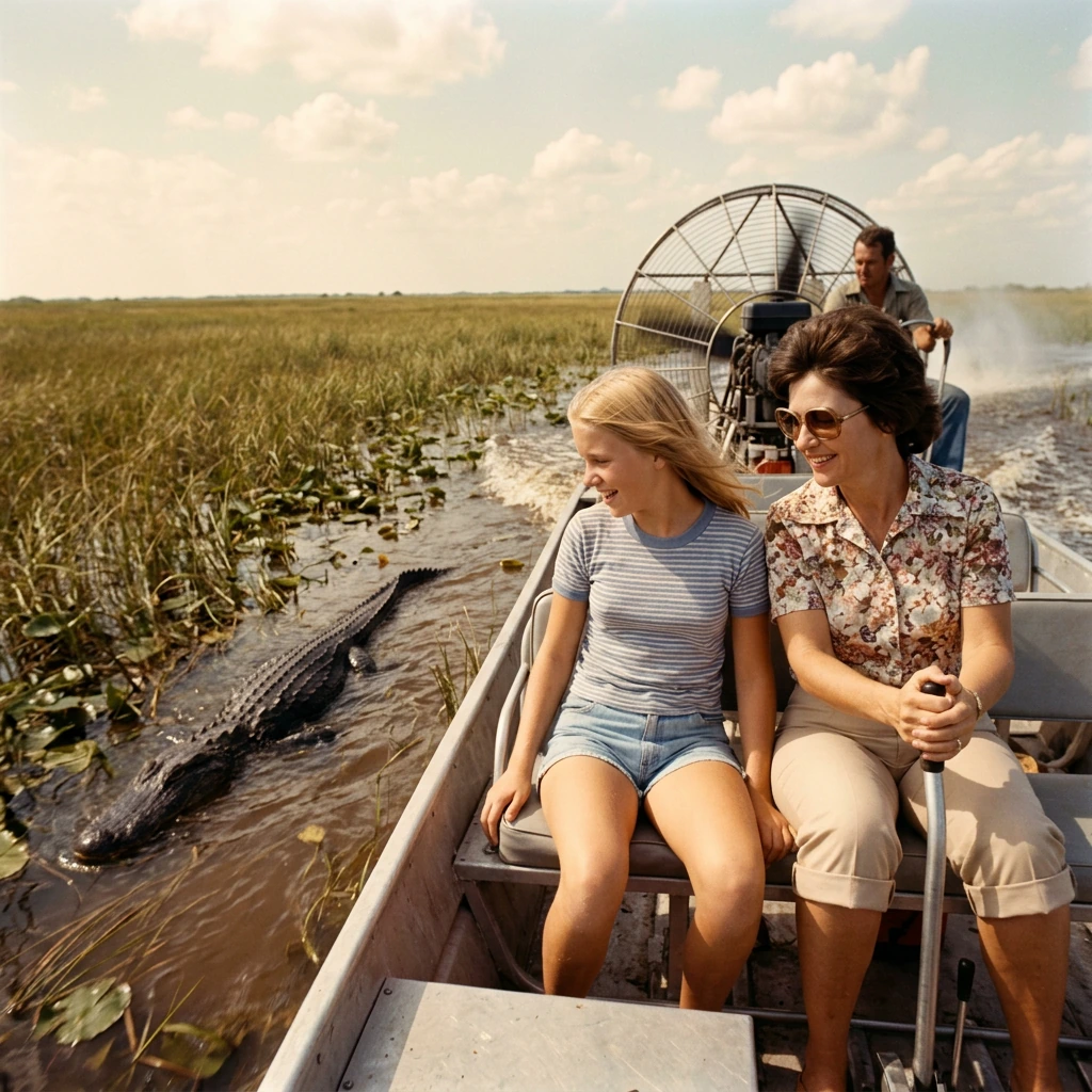 Teenage blonde girl with her mom riding on an airboat in the Everglades in Florida in the 1970s. They pass an alligator