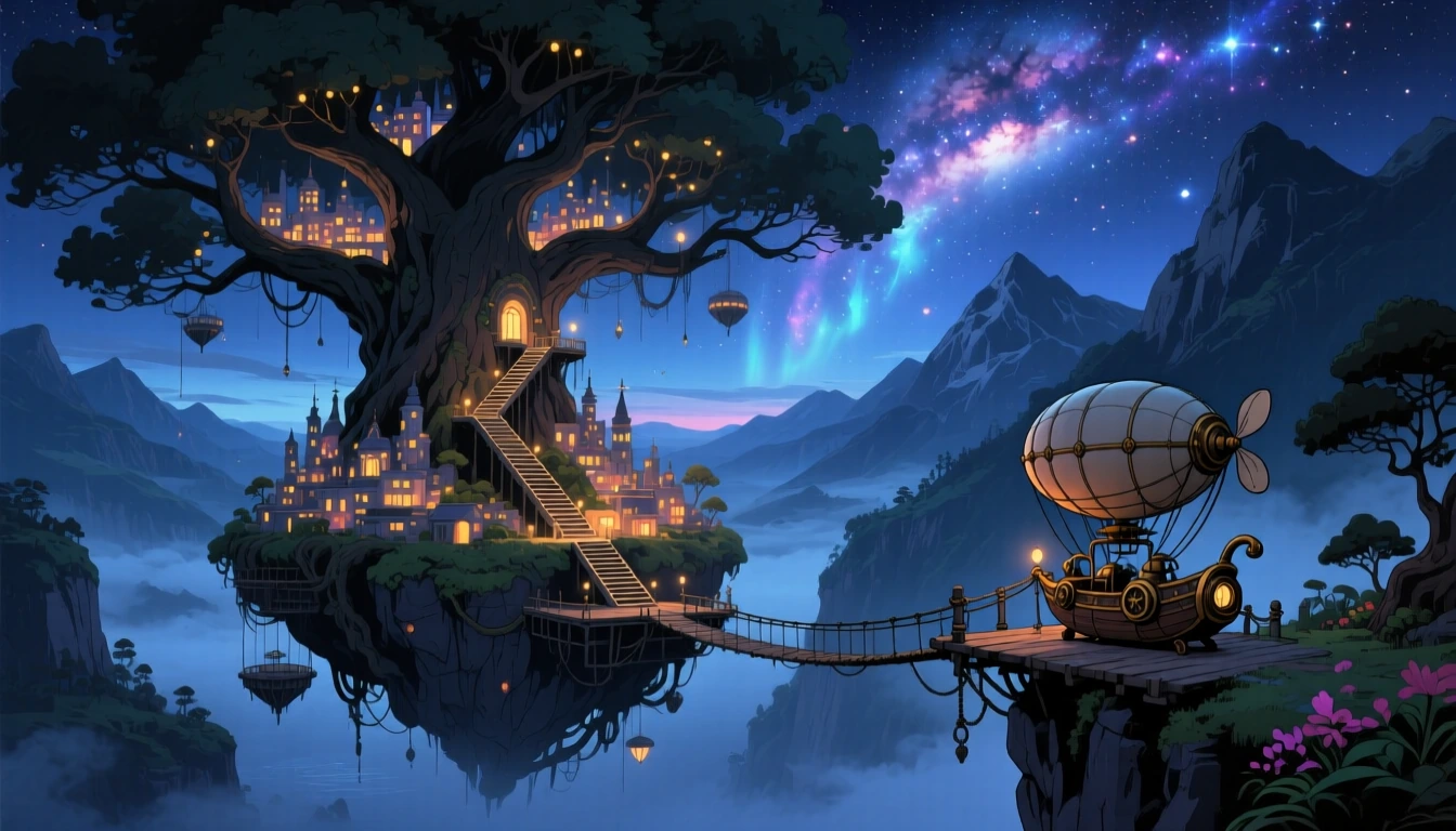 Fantasy Nighttime Dreamscape hyper-realistic digital Art of giant floating Tree. There is a living city full of lights built within the branches and trunk of the tree. There are stairs leading up to the city. there is a floating dock running out to t