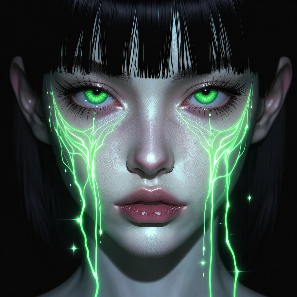 # Digital Portrait: Ethereal Sorrow A haunting digital artwork presents a close-up portrait of a figure with striking green eyes and dark bangs. Luminescent green neural patterns flow like liquid electricity across the lower face, dripping downward w
