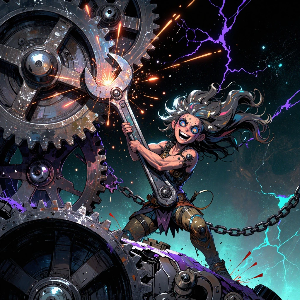 a small, wild-eyed goddess mechanic stands amid towering cosmic gears the size of mountains, covered…