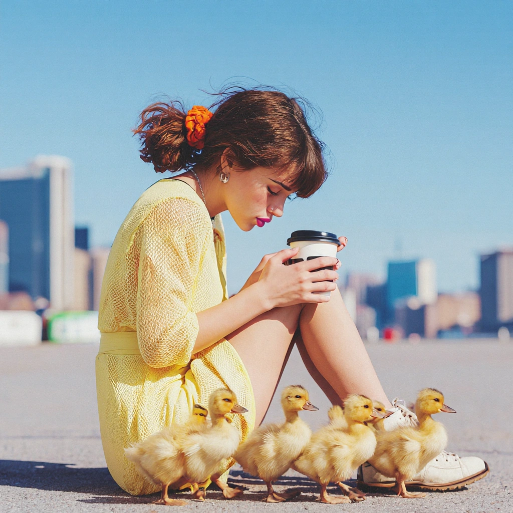 masterpiece,absurdres,incredibly absurdres, best quality, amazing quality, soft shadow, painterly, lush, 1girl, brown hair, messy side ponytail, orange scrunchie, yellow mini dress, mesh sleeves, sitting, legs crossed, holding coffee cup, eyebrow rai