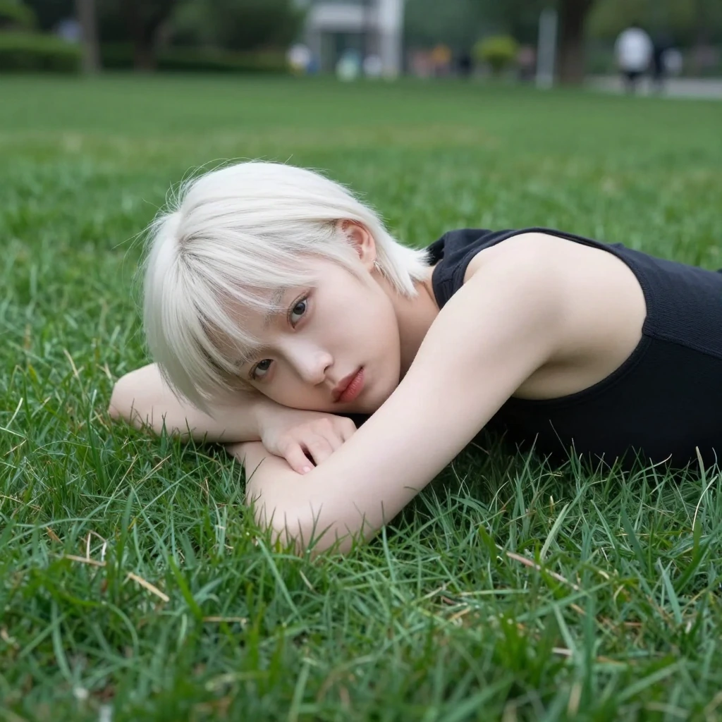 Downtown albino hair and pale skin woman laying in park grass