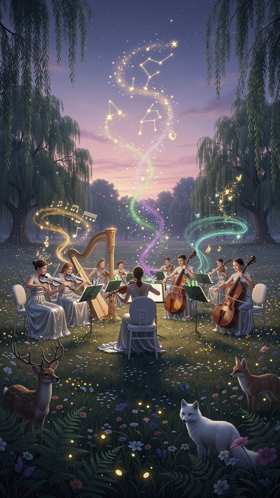 An enchanted meadow at twilight where a grand orchestra performs in an empty wildflower field with no audience except nature itself. Elegant musicians