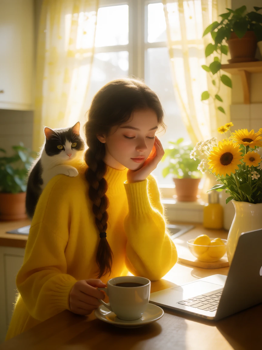 Beautiful woman, yellow, braided hair with her cat in the kitchen, early morning, light filtering through the window, coffee, and laptop, plants, flowers, ethereal surreal