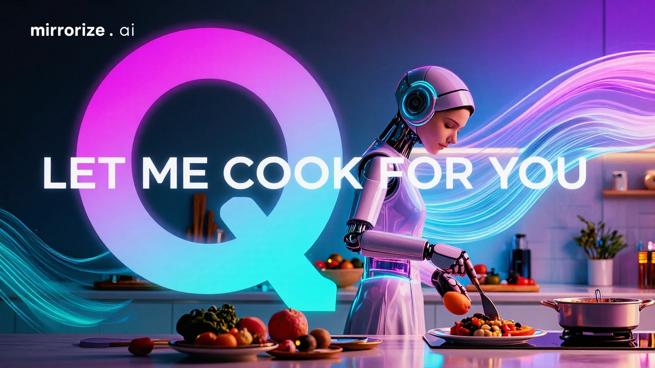 A high-end magazine advertisement featuring a futuristic female robot named “Q”, Display the letter Q in a highly designed typography. designed as a luxury in-home cooking assistant. The visual style blends photorealistic rendering with layered vecto