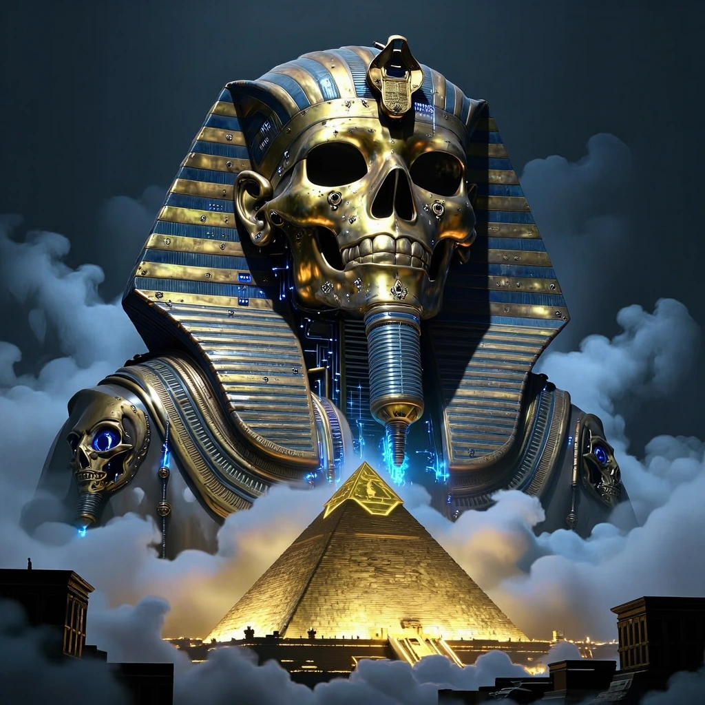 A colossal metallic skull like an Egyptian god looms dangerously above an ancient Egyptian city, its weathered bronze surface etched with intricate circuitry and machinery. Glowing blue energy crackles around the massive city, illuminating skeletal f