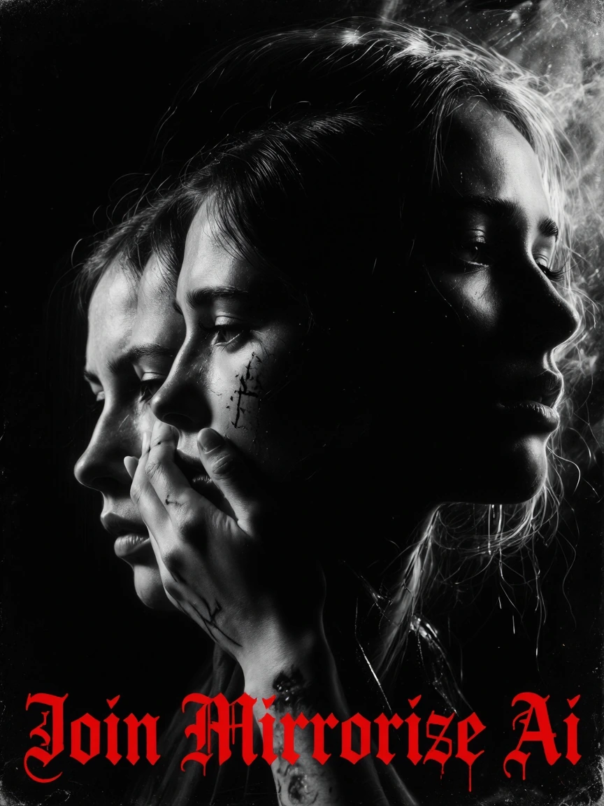 A striking black-and-white portrait, featuring a raw double-exposure effect, depicting a woman with multiple faces in profile. Her main face is tilted downwards and turned away from the viewer, whilst the subsequent faces overlap and fade into it, ev