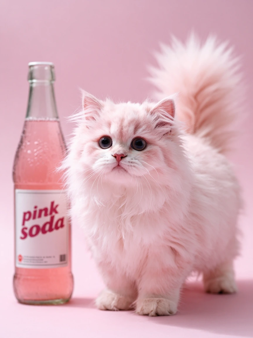 Cute, long haired, fluffy, realistic, pale pink kitten with a big fluffy tail in front of a vintage looking soda pop bottle that has the words โpink sodaโ on it. Pale pink cafe background,