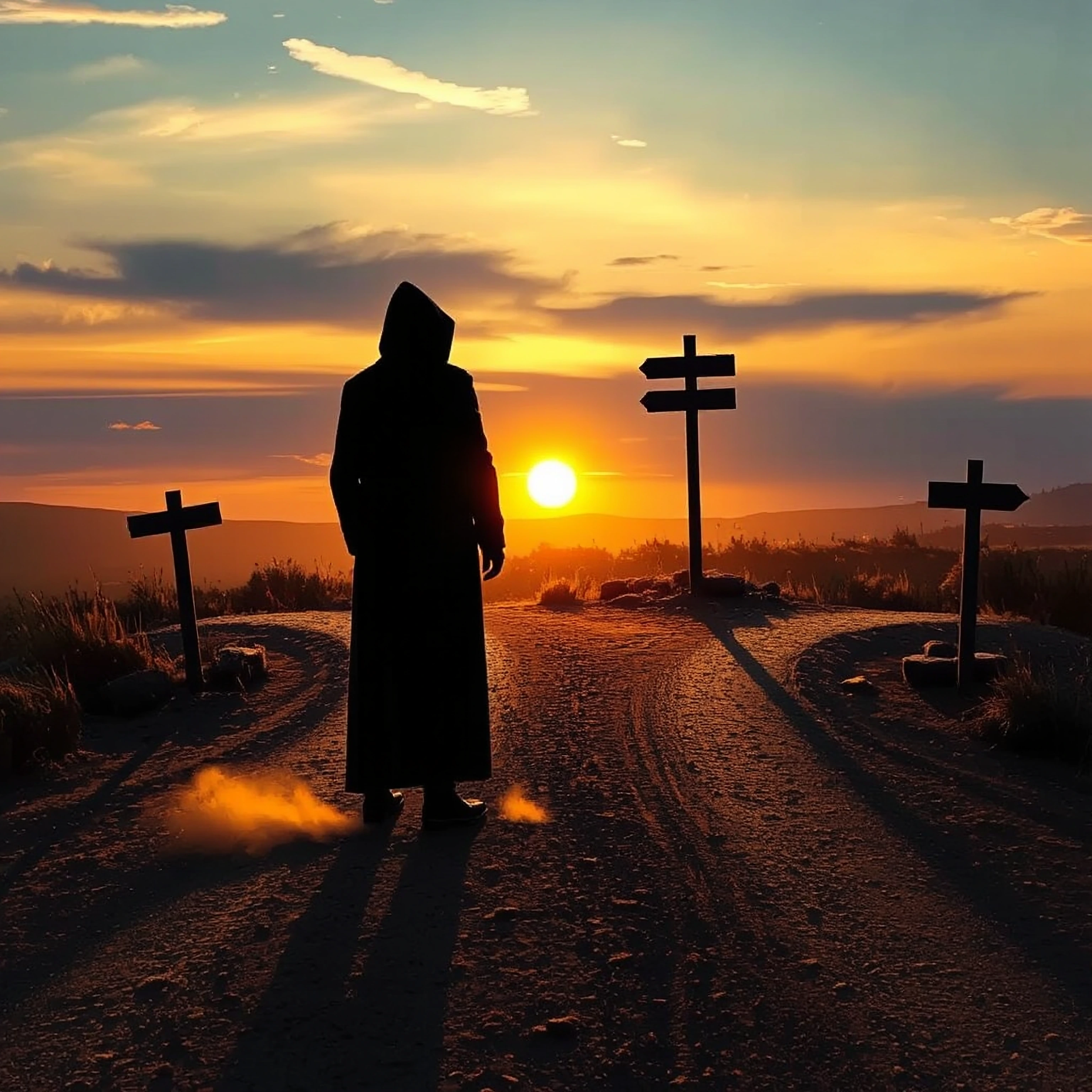A solitary cloaked traveler stands at the convergence of three ancient diverging roads at twilight, their elongated shadow stretches unnaturally acros