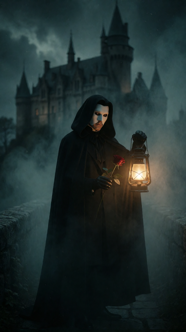 A gothic romance depiction of The Phantom. A mysterious figure in a dark, flowing cloak and a white half-mask stands on a misty stone bridge at night,