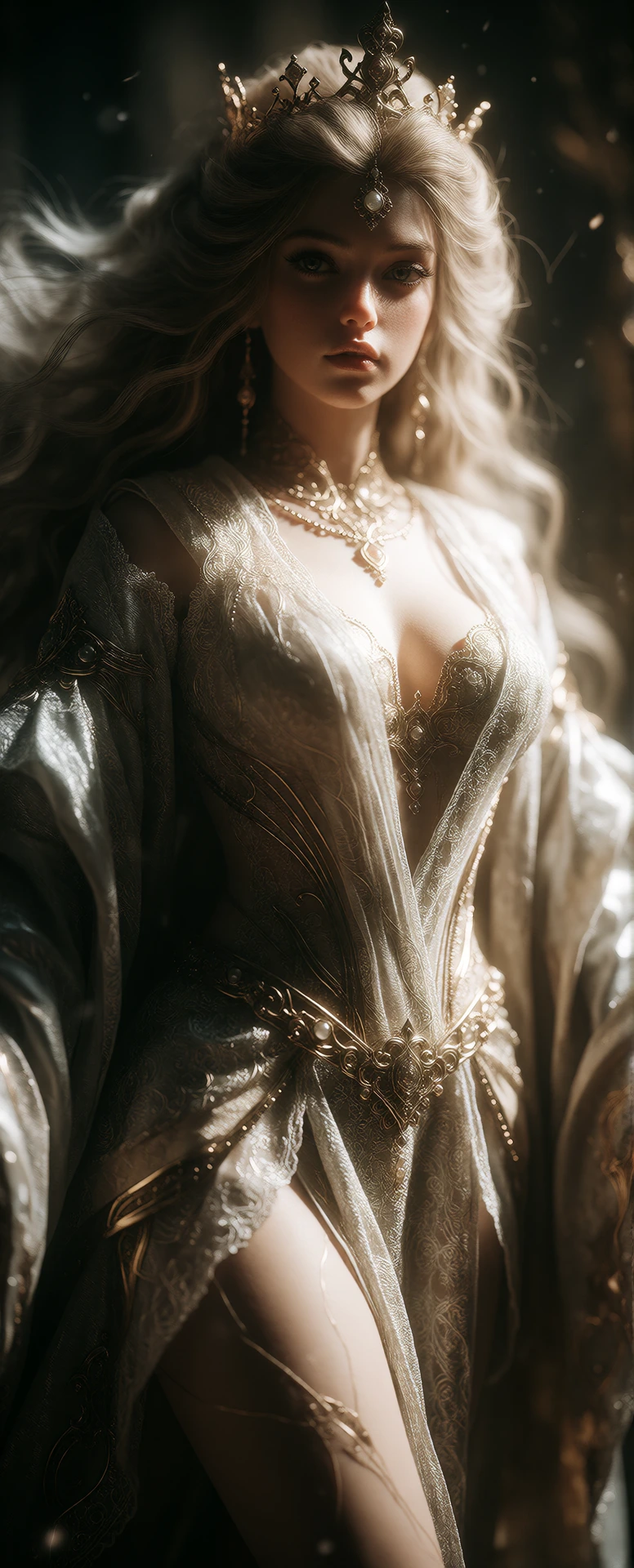 Ultraphotorealistic, hyperdetailed, fullbody image of a young beautiful princess in a powerful, confident pose. Cinematic realism, sensual dominance conveyed through body language, posture. She stands with subtle hip tilt and arched spine, shoulders
