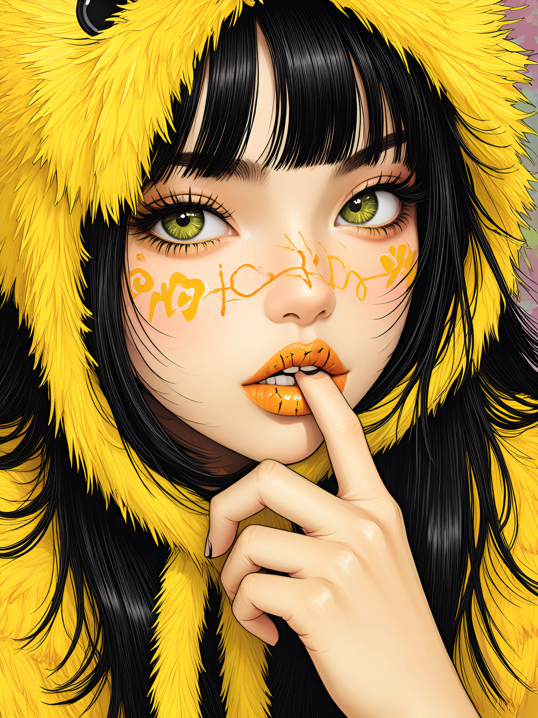 Woman with Beautiful lip art, kawaii yellow kitty