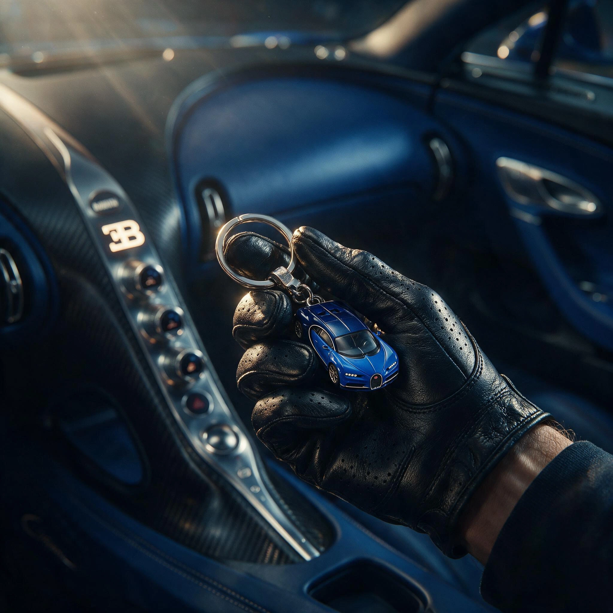 Professional photograph, 8K quality, an ultra-realistic and cinematic close-up of a man’s hand wearing a high-quality perforated black leather driving glove, featuring a textured finish and precise stitching. The hand delicately holds the exclusive k