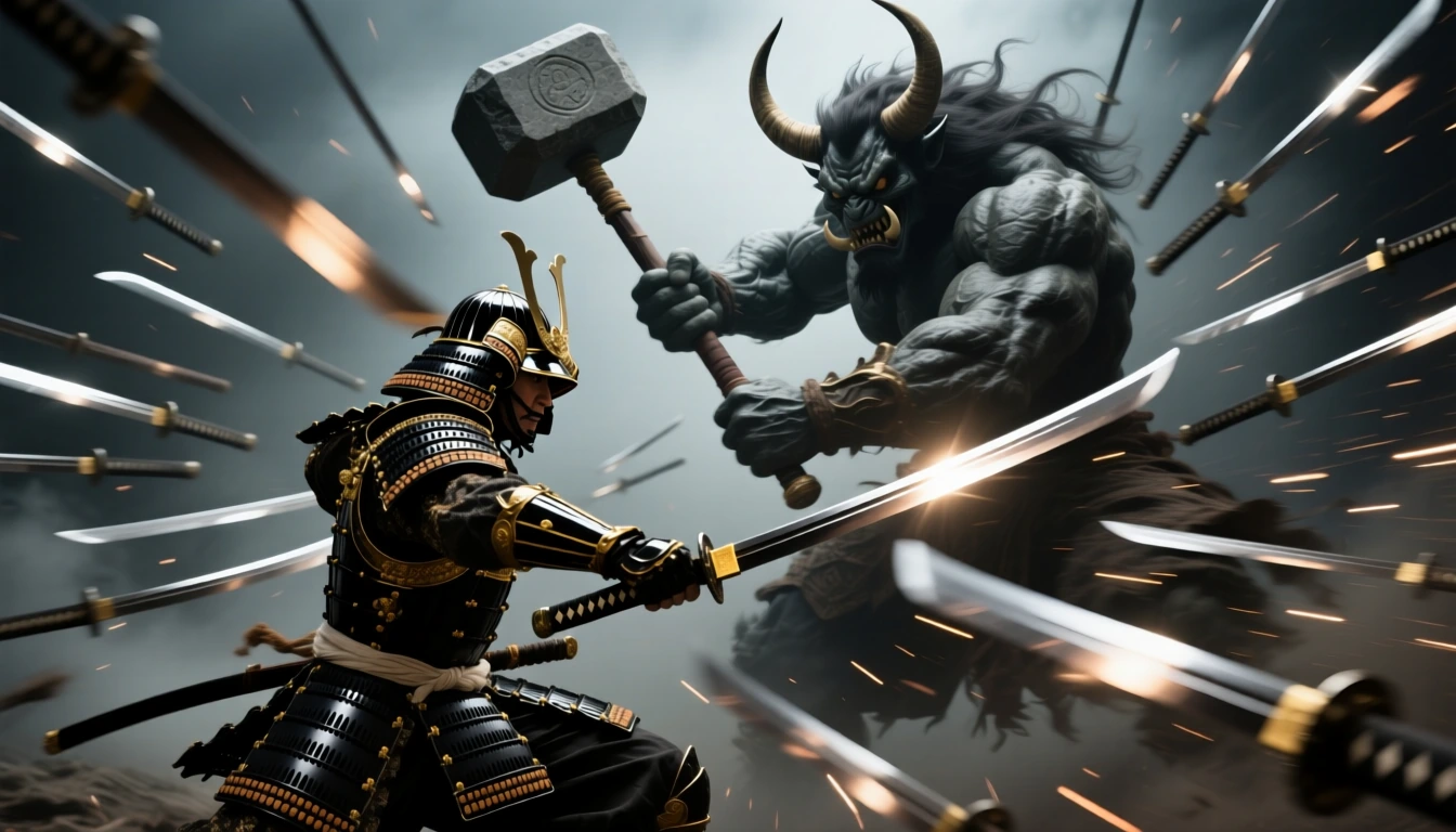 A Samurai dressed in resplendent glossy black and gold armour faces an gigantic hyper-muscular horned ONI wielding a great stone hammer. The ONI has power, height and Strength. But the Samurai Champion has speed & agility. The samurai's katana flashe