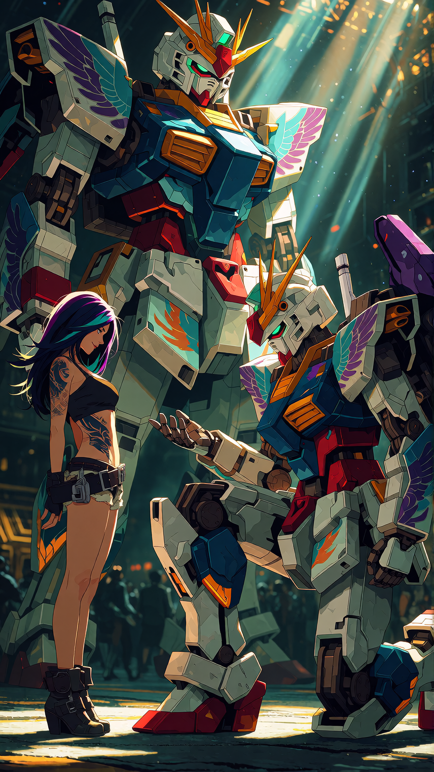 Masterpiece, best quality, ultra-detailed 8K cinematic anime mecha render, exact 16:9 landscape. Rory Phoenix (32, fair skin, long dark hair with bold