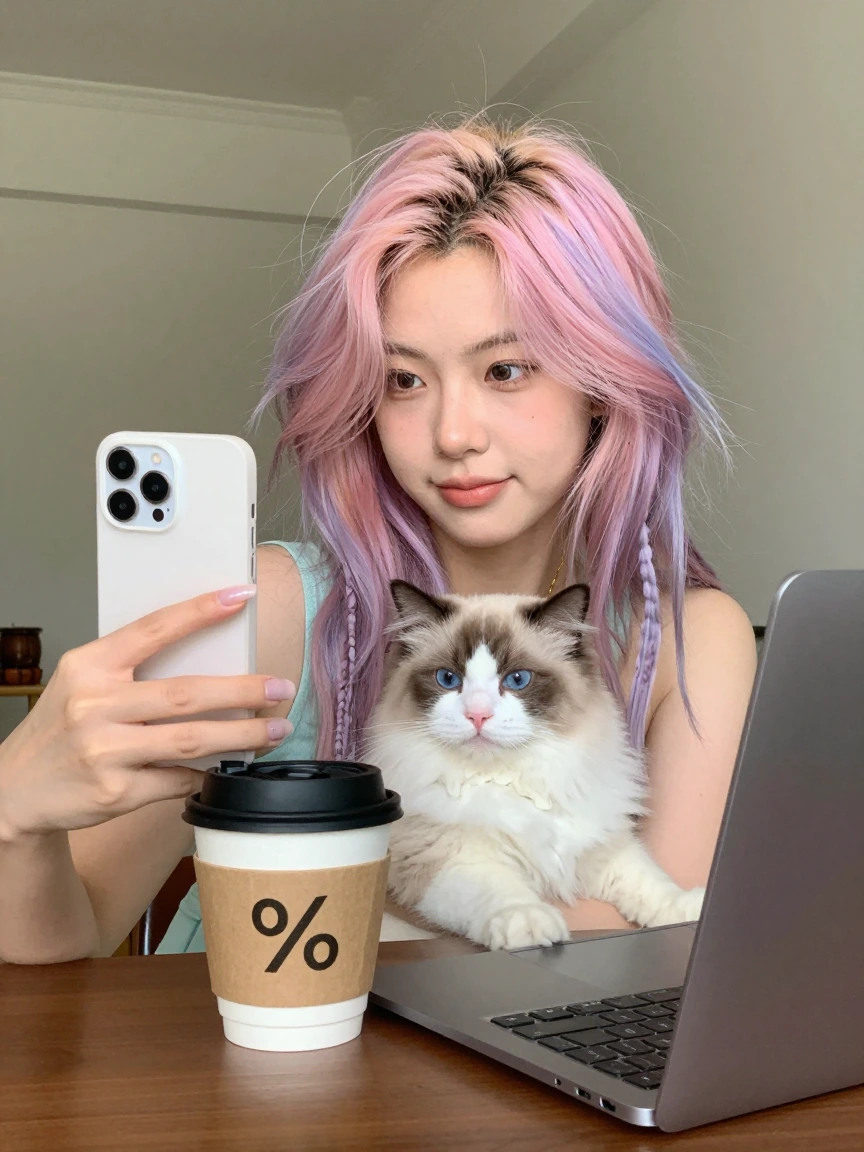 Crazy woman pastel hair, taking a selfie with her cat, coffee, and laptop