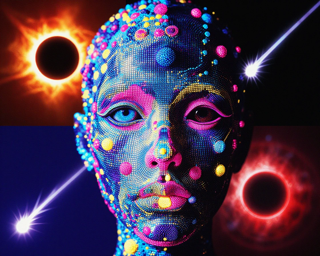 A human face constructed from orbiting luminous spheres in electric blue, hot pink, acid yellow, and deep violet, particles arranged in precise geometric lattices that trace cheekbones, eye sockets, and jawline. Background split into four quadrants: