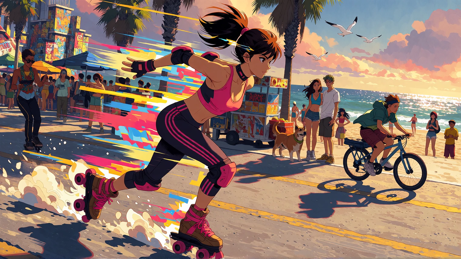 Capture a 20-year-old girl rollerskating full-speed along the Venice Beach boardwalk, rendered in vibrant anime/manga style with bold linework and cel-shaded highlights. She wears a fitted pink athletic set—cropped tank and leggings with subtle magen