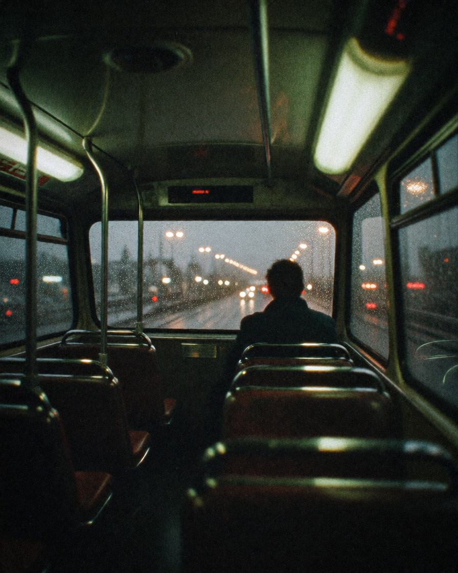 A lone figure silhouetted against rain-streaked windows on the top deck of a double-decker bus at dusk, the interior lit by flickering fluorescent str