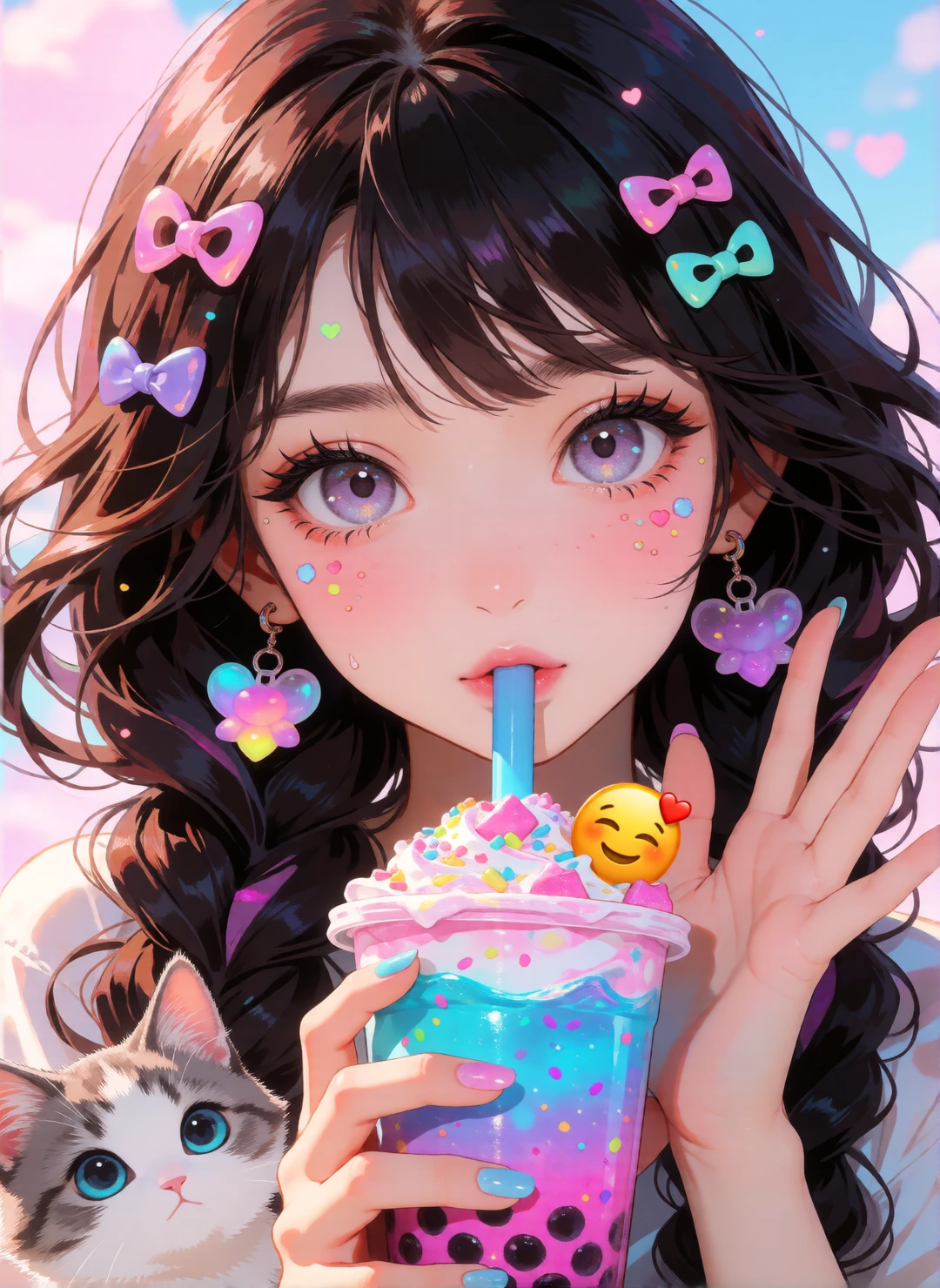 Cute woman, very colorful, with colorful Boba drink. Cat somewhere nearby. Certainly you can find someplace to put it. Whatever you think will do.ππΎπ