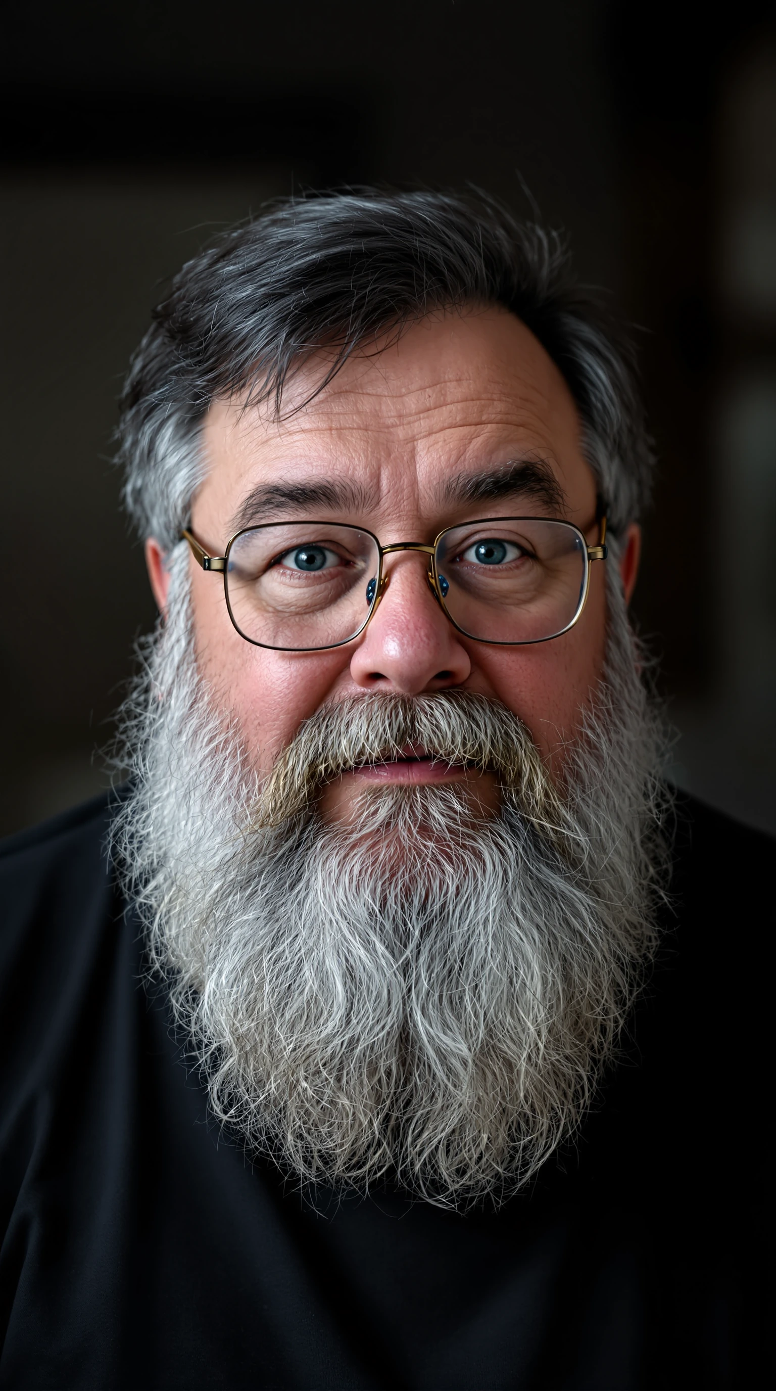 Obese older man with pale skin an oblong face with greying dark brown hair wearing rectangular glasses with thick lenses a black tee shirt with a long full salt and pepper beard and mustache with a slight smile