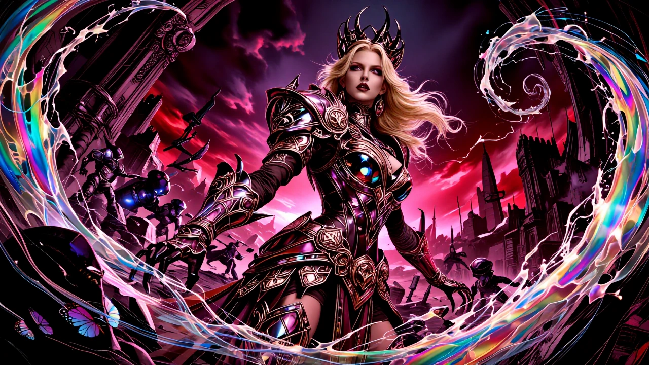 A striking blond supermodel with flowing golden locks and piercing eyes stands triumphantly on a chaotic battlefield, adorned in ornate, decadent armour fused with Slaanesh's sigils. Her pose radiates seductive dominance amidst swirling pink-and-purp