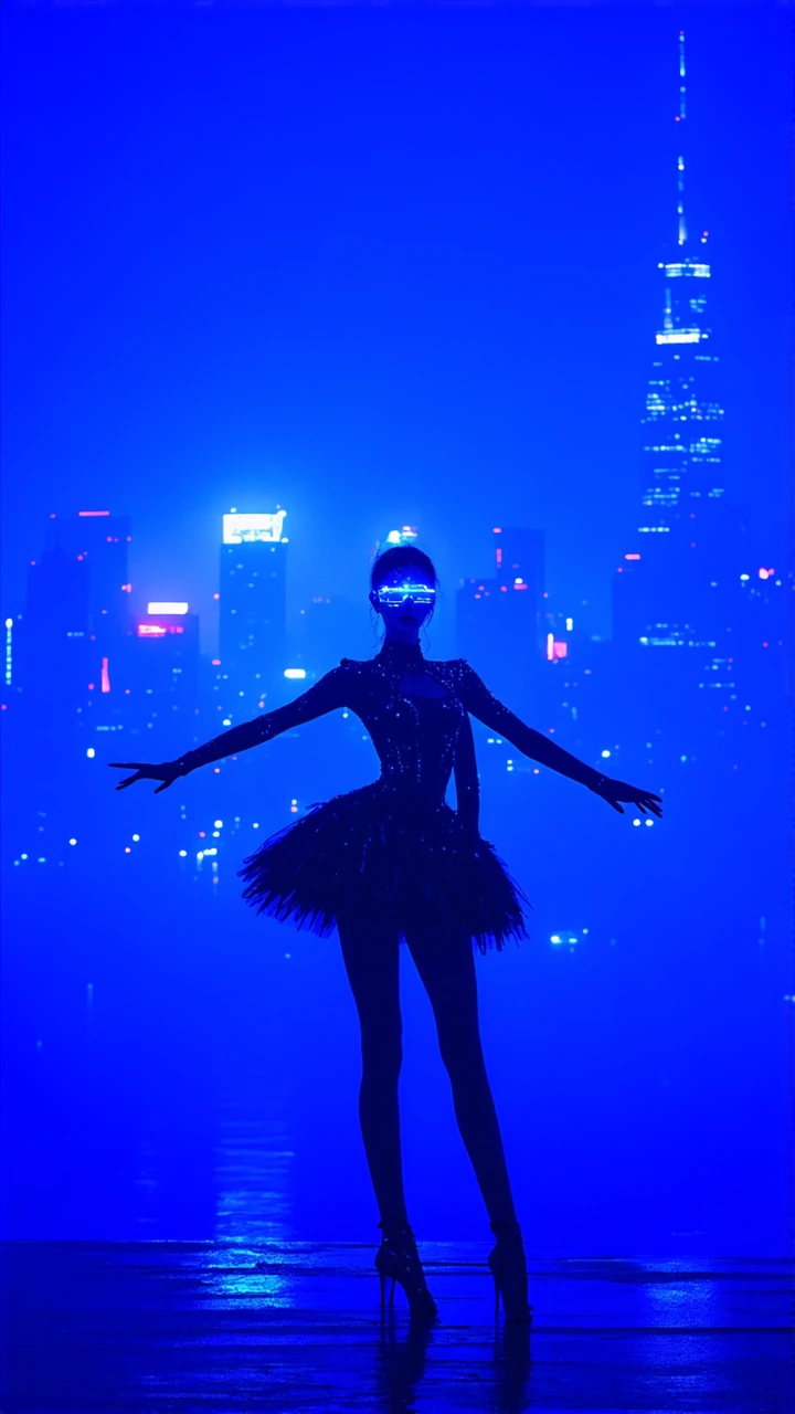 A futuristic cyberpunk ballet dancer standing en pointe in the foreground, full-body hero shot, graceful arms extended, short tousled hair, vivid electric-blue glowing eyes, edgy form-fitting ballet costume with a dark feathered tutu, long gloves, an