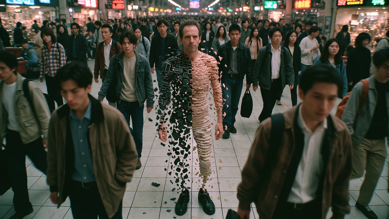 A crowded train station during rush hour. In the exact center stands an ordinary middleaged man, but his body is progressively being constructed from bottom to top like an impossibly sophisticated physical 3D printer: shoes completely real, legs part