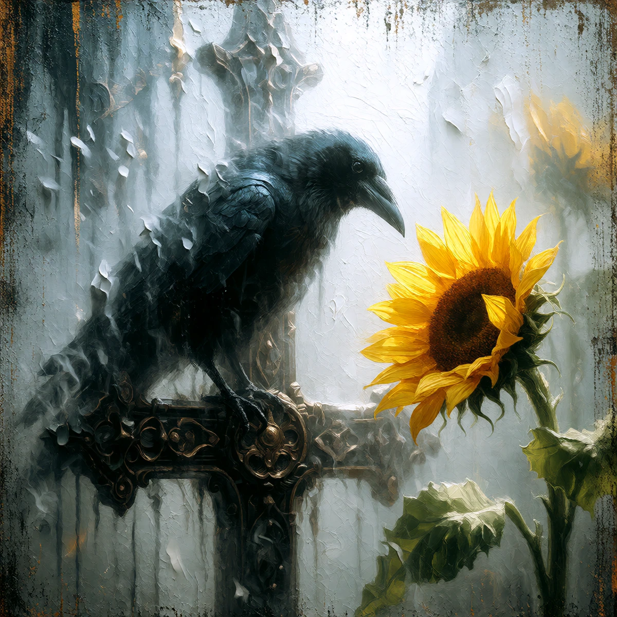 A stylised and melancholic digital painting depicting a crow on a cross, gazing curiously at a single, bright yellow sunflower. The crow appears to em