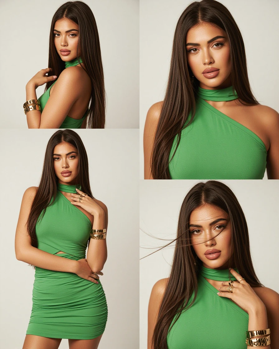 Ultra-photorealistic editorial fashion set, four poses of the same young woman against a clean bright white studio backdrop with soft even lighting. She wears a fitted ruched halter-neck (tie-at-the-neck) mini dress in fresh grass-green jersey, with 