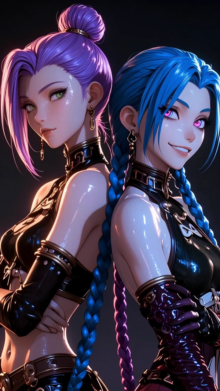 reze and jinx, cinematic character study, standing together with confident attitude against a dark background. reze with soft purple hair in a high bu
