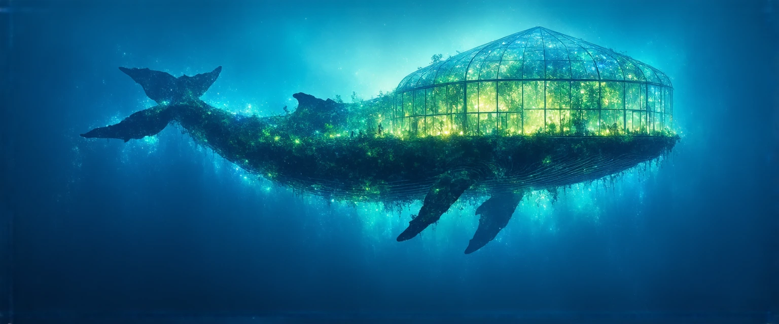 Avant-garde abstract painting of “A Greenhouse on the Back of a Whale” — a powerful and poetic metaphor for fragile life sustained by something ancient and vast. A majestic, ethereal whale made of flowing cosmic energy and deep ocean blues swims slow