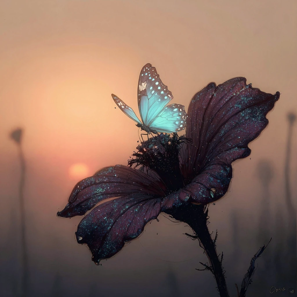 A solitary, carnivorous flower, its petals obsidian and dusted with shimmering, iridescent pollen, unfurls in a twilight alien garden. Perched delicately upon its velvety throat is a creature of ethereal beauty, a butterfly-like alien, its wings a ca